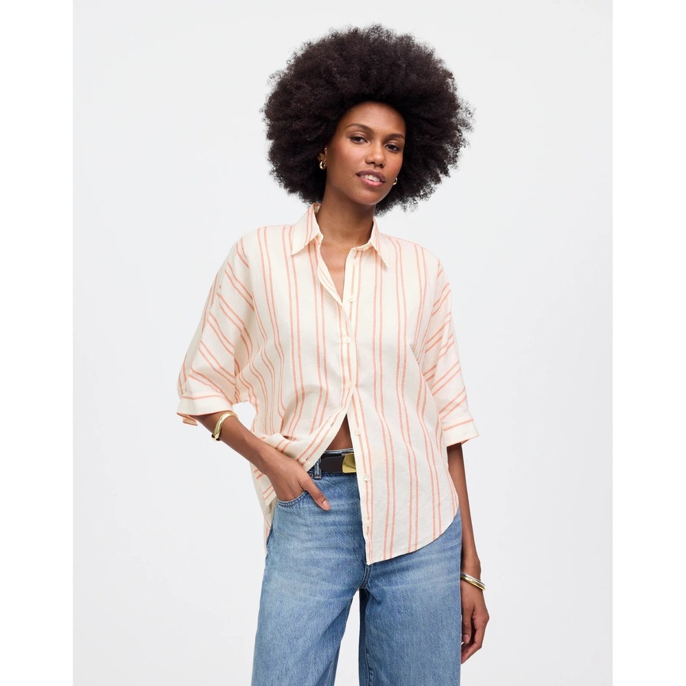 NWT Madewell Button-Up Shirt Womens Medium Bright Flame Oversized Pleated-Sleeve